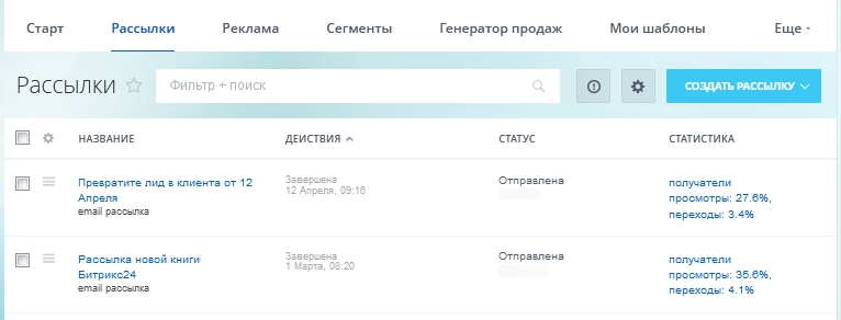 Статистика по рассылкам Битрикс24. Почта